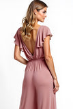 Dusty Rose Backless Long Cap Sleeves Bridesmaid Jumpsuit