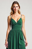 Dark Green V-Neck Chiffon Long Bridesmaid Dress with Slit