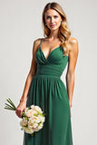 Dark Green V-Neck Chiffon Long Bridesmaid Dress with Slit