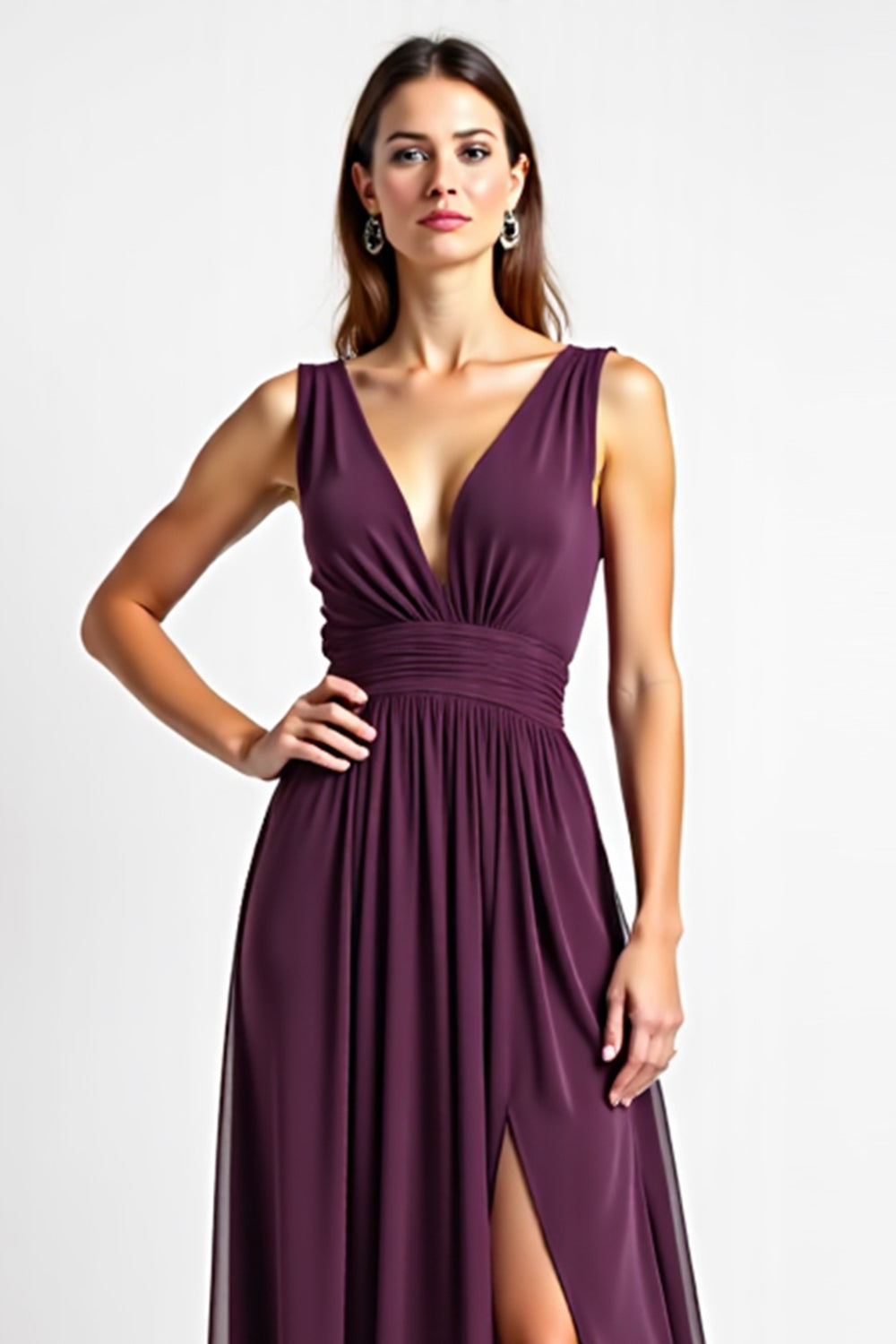 Purple Deep V-Neck Chiffon Long Bridesmaid Dress with Slit