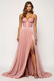 Blush Pink Corset A Line Tulle Long Prom Dress with Slit