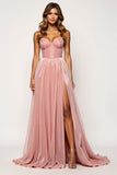 Blush Pink Corset A Line Tulle Long Prom Dress with Slit