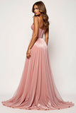 Blush Pink Corset A Line Tulle Long Prom Dress with Slit