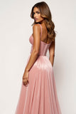 Blush Pink Corset A Line Tulle Long Prom Dress with Slit