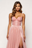 Blush Pink Corset A Line Tulle Long Prom Dress with Slit