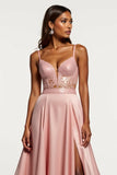 A Line Corset Dusty Rose Satin V-Neck Long Prom Dress with Slit