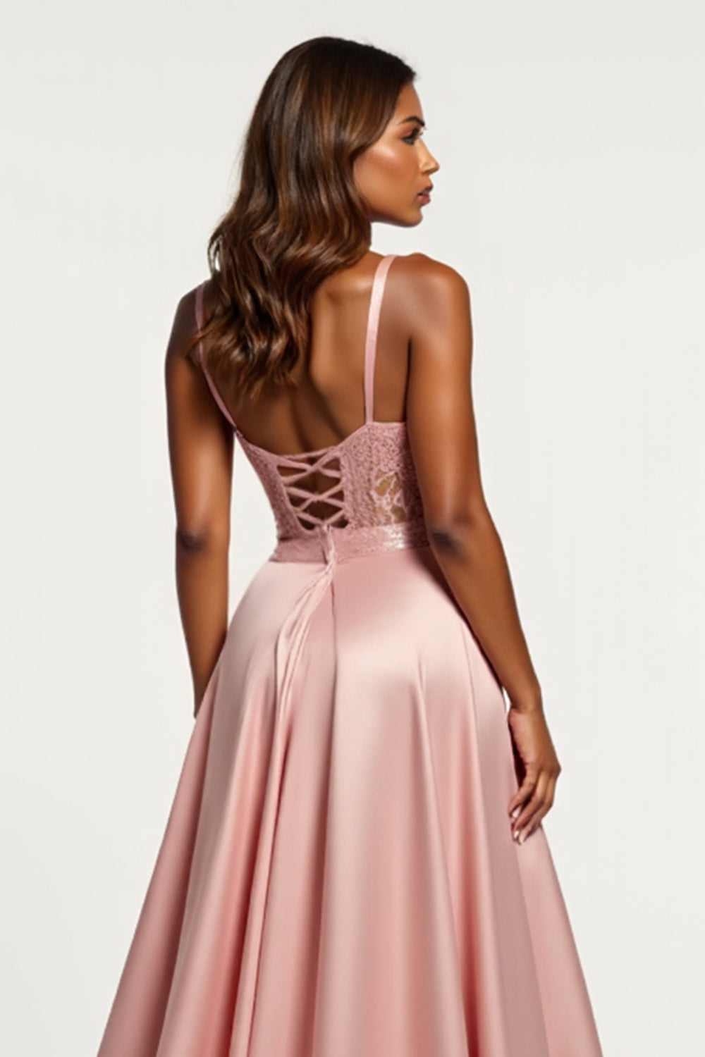 A Line Corset Dusty Rose Satin V-Neck Long Prom Dress with Slit