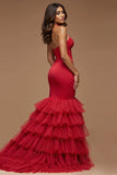 Dark Red Mermaid Keyhole Tireed Long Prom Dress with Slit