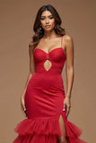 Dark Red Mermaid Keyhole Tireed Long Prom Dress with Slit