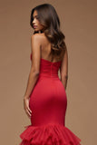 Dark Red Mermaid Keyhole Tireed Long Prom Dress with Slit