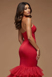 Dark Red Mermaid Keyhole Tireed Long Prom Dress with Slit