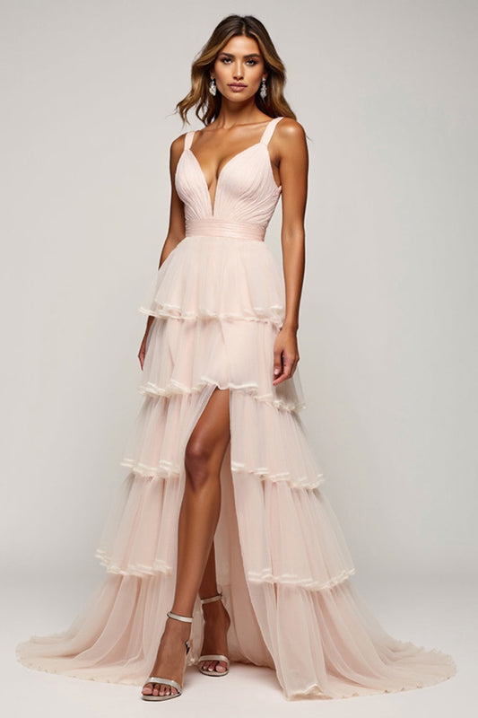 A Line Candy Pink Tiered V-Neck Long Prom Dress with Slit