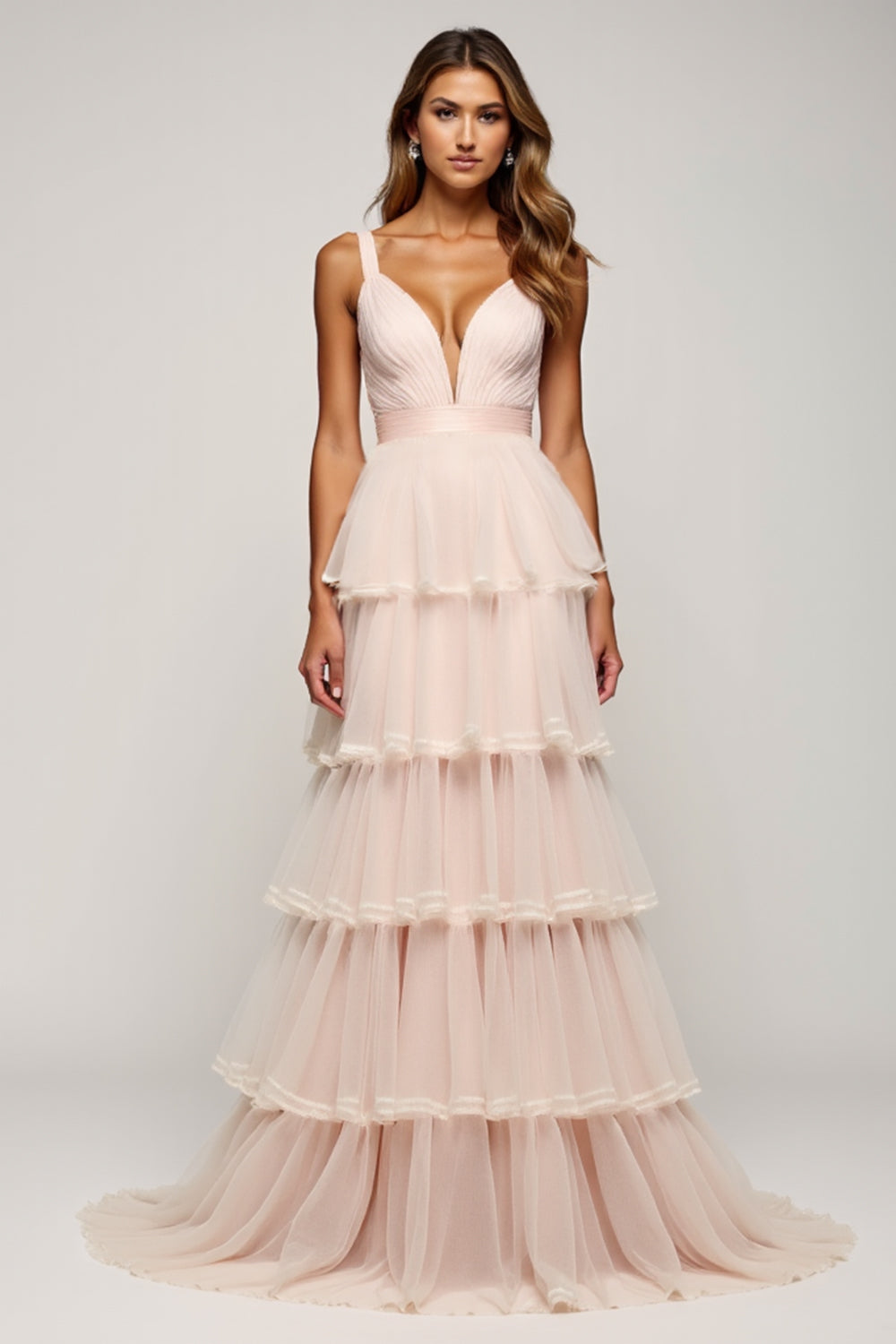 A Line Candy Pink Tiered V-Neck Long Prom Dress with Slit