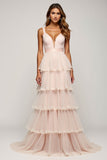 A Line Candy Pink Tiered V-Neck Long Prom Dress with Slit
