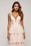 A Line Candy Pink Tiered V-Neck Long Prom Dress with Slit