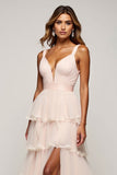 A Line Candy Pink Tiered V-Neck Long Prom Dress with Slit