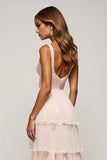 A Line Candy Pink Tiered V-Neck Long Prom Dress with Slit