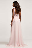 Corset Candy Pink A Line Chiffon Ruched Long Prom Dress with Slit