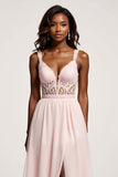 Corset Candy Pink A Line Chiffon Ruched Long Prom Dress with Slit