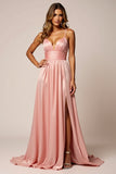 Sparkly Blush Pink A Line Satin Long Prom Dress with Slit