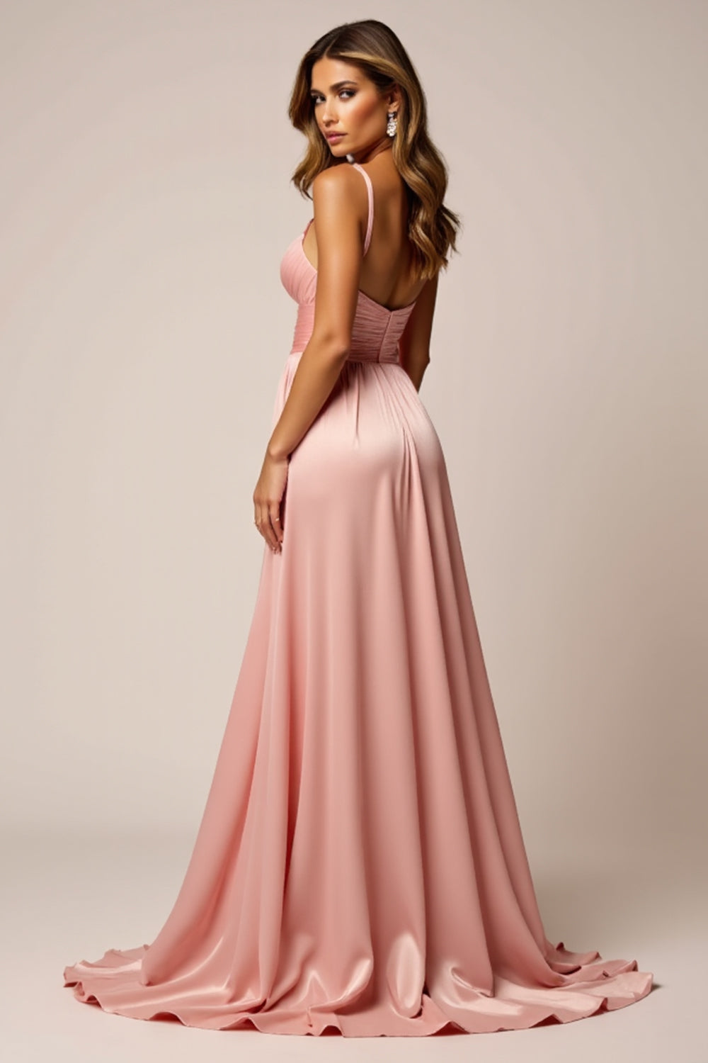 Sparkly Blush Pink A Line Satin Long Prom Dress with Slit