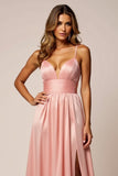 Sparkly Blush Pink A Line Satin Long Prom Dress with Slit