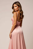 Sparkly Blush Pink A Line Satin Long Prom Dress with Slit