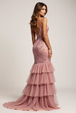 Sheath Dusty Rose Tiered Deep V-Neck Long Prom Dress with Silt