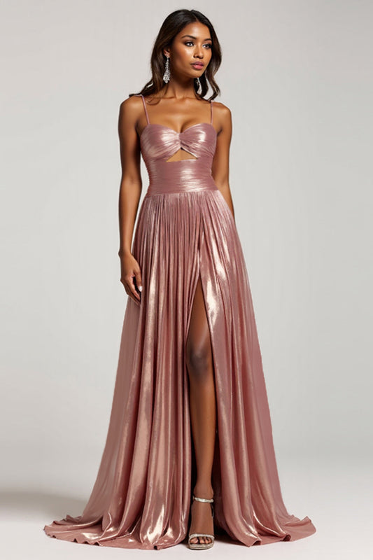 Sparkly Dusty Rose A Line Satin Keyhole Long Prom Dress with Pleated