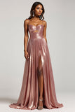 Sparkly Dusty Rose A Line Satin Keyhole Long Prom Dress with Pleated