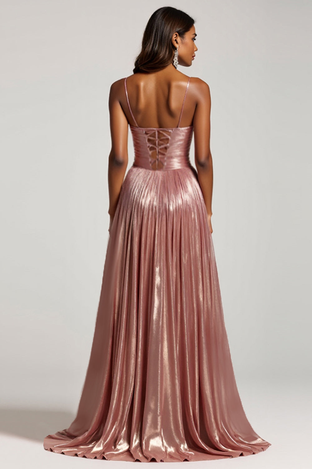 Sparkly Dusty Rose A Line Satin Keyhole Long Prom Dress with Pleated