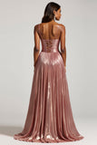 Sparkly Dusty Rose A Line Satin Keyhole Long Prom Dress with Pleated