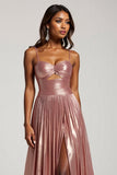 Sparkly Dusty Rose A Line Satin Keyhole Long Prom Dress with Pleated