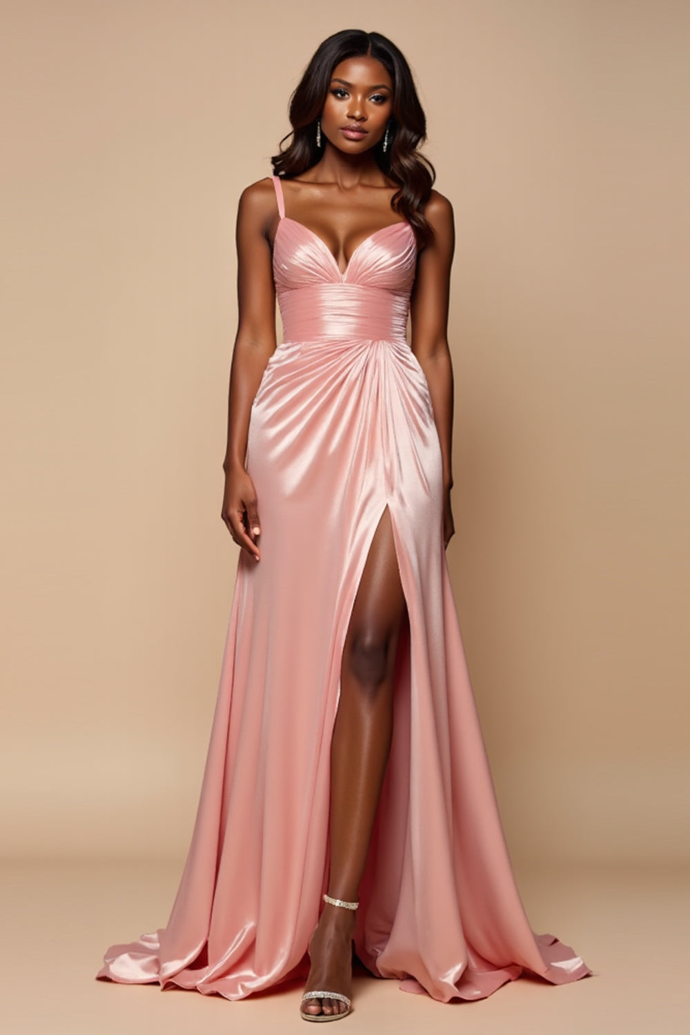 Sparkly Blush Pink Satin A Line Ruched Long Prom Dress with Slit