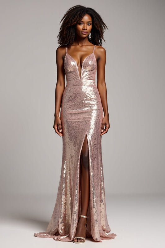 Sparkly Dusty Rose Sheath Backless Long Prom Dress with Sequins