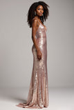 Sparkly Dusty Rose Sheath Backless Long Prom Dress with Sequins