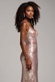 Sparkly Dusty Rose Sheath Backless Long Prom Dress with Sequins