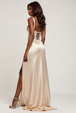 Sparkly Champagne A Line Satin Long Prom Dress with Slit