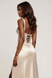 Sparkly Champagne A Line Satin Long Prom Dress with Slit