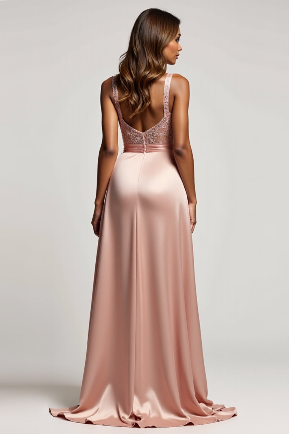 Dusty Rose A Line Satin Deep V-Neck Long Prom Dress with Slit