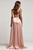 Dusty Rose A Line Satin Deep V-Neck Long Prom Dress with Slit