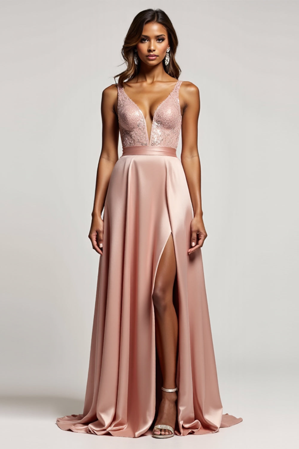 Dusty Rose A Line Satin Deep V-Neck Long Prom Dress with Slit