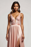Dusty Rose A Line Satin Deep V-Neck Long Prom Dress with Slit