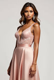 Dusty Rose A Line Satin Deep V-Neck Long Prom Dress with Slit