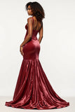 Corset Mermaid Burgundy Velvet Long Prom Dress with Slit