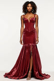 Corset Mermaid Burgundy Velvet Long Prom Dress with Slit