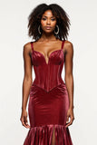 Corset Mermaid Burgundy Velvet Long Prom Dress with Slit