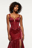 Corset Mermaid Burgundy Velvet Long Prom Dress with Slit