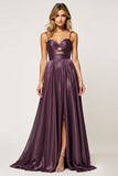 Sparkly Purple A Line Spaghetti Straps Long Prom Dress with Slit