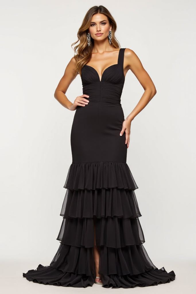 Elegant Black Tulle And Satin Long Sleeve Side Slit Sheath Long Prom Dresses,SFPD0607
